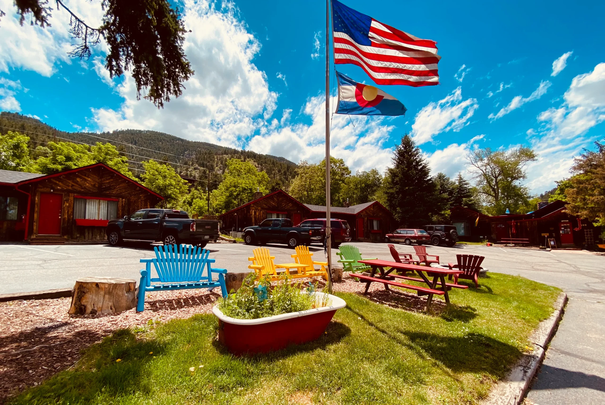 Outside of Foot of the Mountain with flags